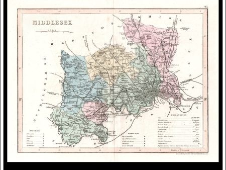 Map Of Middlesex, England. Antique Print, Steel Engraving c. 1846. Online