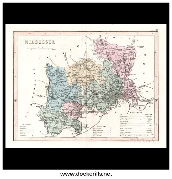 Map Of Middlesex, England. Antique Print, Steel Engraving c. 1846. Online