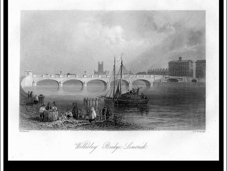 Wellesley Bridge, Limerick, Co. Limerick, Ireland. Antique Print, Steel Engraving c. 1840. For Sale