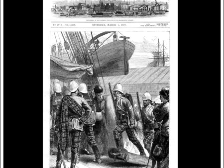 The Zulu War, Embarkation Of The 91st Highlanders At Southampton. Antique Print, Wood Engraving, The Illustrated London News Front Page, March 1st, 1879. Sale