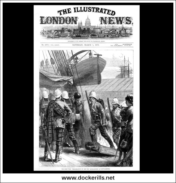 The Zulu War, Embarkation Of The 91st Highlanders At Southampton. Antique Print, Wood Engraving, The Illustrated London News Front Page, March 1st, 1879. Sale