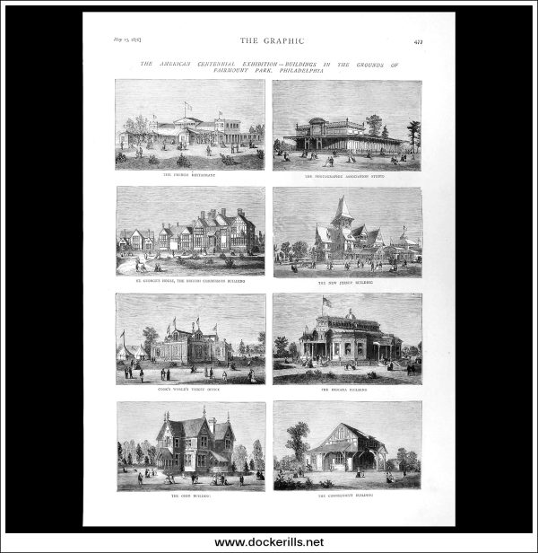 The American Centennial Exhibition, Buildings In The Grounds Of Fairmount Park, Philadelphia. Antique Print, Wood Engraving, The Graphic Full Page, May 13th, 1876. Online