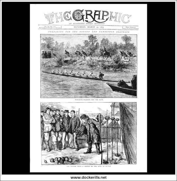 Preparing For The Oxford And Cambridge Boatrace. Antique Print, Wood Engraving, The Graphi Front Page, March 29th, 1873. Online Sale