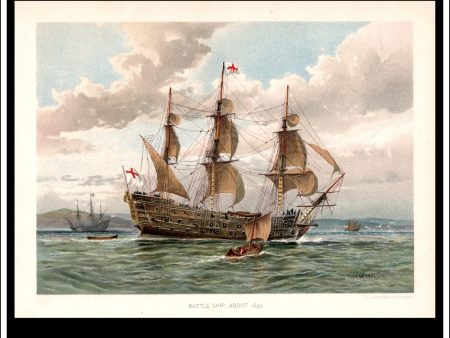 Battle Ship About 1650, Her Majesty s Navy. Antique Print c. 1870. Supply