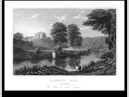 Lambton Hall, County Durham, England. Antique Print, Steel Engraving c. 1830. Cheap