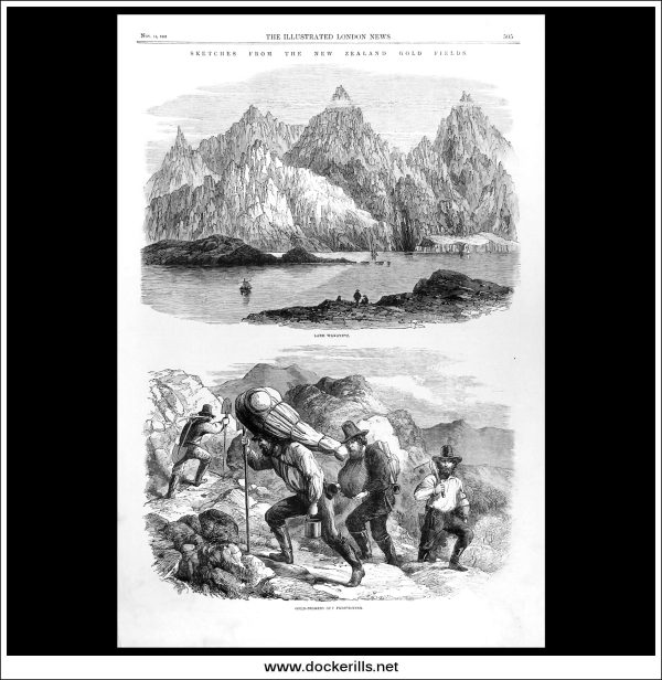 Sketches From The New Zealand Gold Fields. Antique Print, Wood Engraving, The Illustrated London News Front Page, November 14th, 1863. Fashion