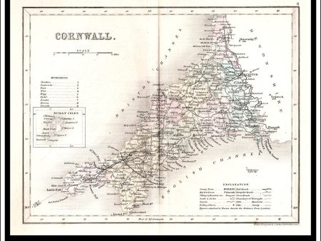 Map Of Cornwall, England. Antique Print, Steel Engraving c. 1846. Online now