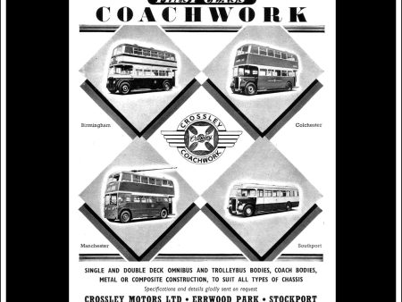 Crossley Coachwork Coach Bus Trolleybus. Original Vintage Advert From February, 1952. For Sale