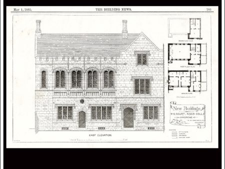 New Buildings, South Court, Kings College Cambridge - The Building News. Antique Print, Lithograph 1885. Online Sale