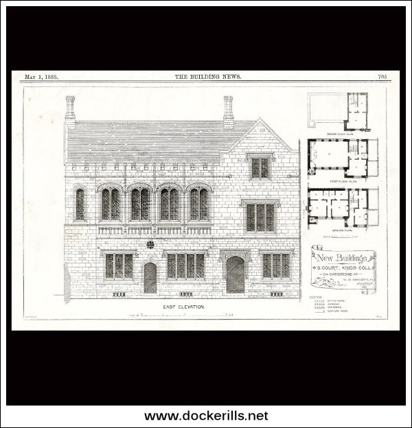 New Buildings, South Court, Kings College Cambridge - The Building News. Antique Print, Lithograph 1885. Online Sale