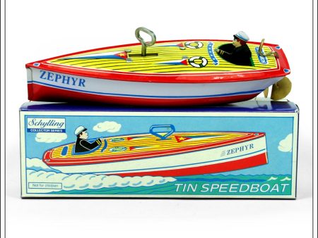 Zephyr Speedboat. Recent (1999) Clockwork, Tin Plate, Novelty Toy. Schylling, USA China. Supply