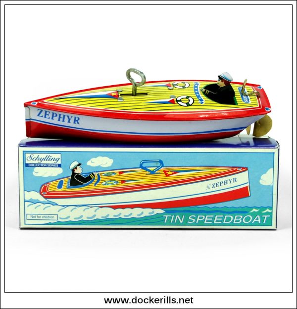 Zephyr Speedboat. Recent (1999) Clockwork, Tin Plate, Novelty Toy. Schylling, USA China. Supply