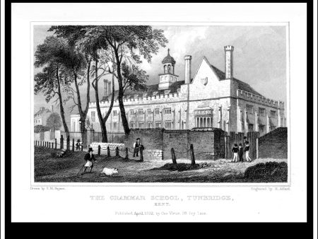 The Grammar School, Tunbridge, Kent, England. Antique Print, Steel Engraving 1832. Hot on Sale