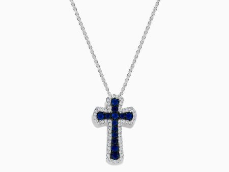 14K White Gold Blue Sapphire & Diamond Cross Pendant, 0.91 TCW For Cheap