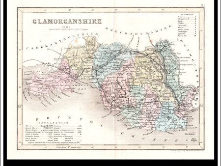 Map Of Glamorganshire, Wales. Antique Print, Steel Engraving c. 1846. Discount