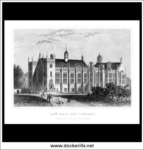 New Hall And Library, Lincoln s Inn Fields, London, Middlesex, England. Antique Print, Steel Engraving c. 1846. Sale