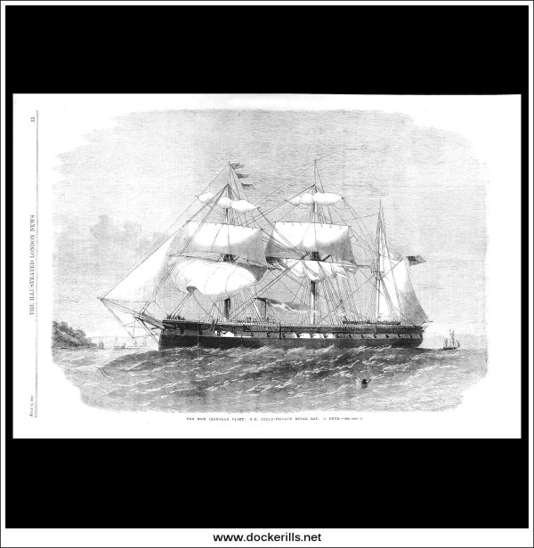 The New Iron-Clad Fleet: H.M. Steam-Frigate Royal Oak, 32 Guns. Antique Print, Wood Engraving, The Illustrated London News Full Page, July 11th, 1863. Sale