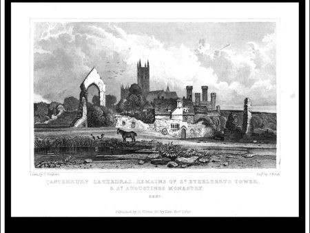 Canterbury Cathedral, Remains Of St. Ethelberts Tower & St. Augustines Monastry, Kent, England. Antique Print, Steel Engraving 1828. Hot on Sale