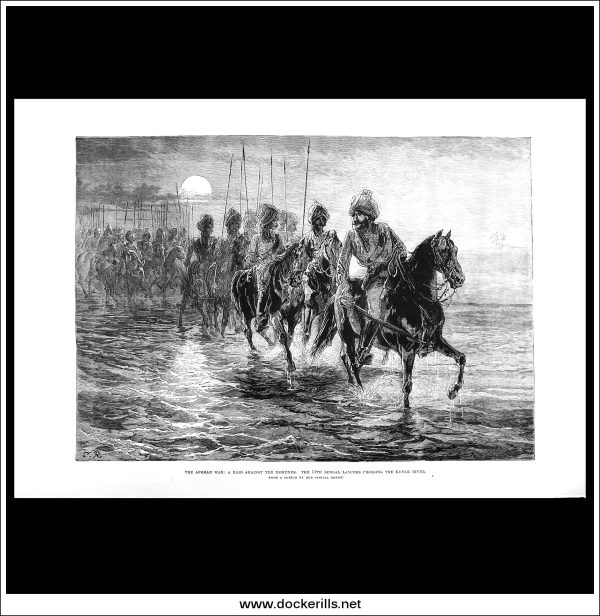 The Afghan War: A Raid Against The Momuds. The 11th Bengal Lancers Crossing The Kunar River. Antique Print, Wood Engraving, The Illustrated London News Full Page, March 29th, 1879. Sale