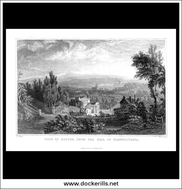 View Of Exeter From The Hill Of Pennsylvania, Devonshire, England. Antique Print, Steel Engraving 1831. Sale