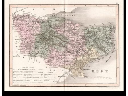 Map Of Kent, England. Antique Print, Steel Engraving c. 1846. on Sale