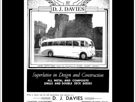 D.J. Davies Luxury Coach. Original Vintage Advert From February, 1952. For Sale