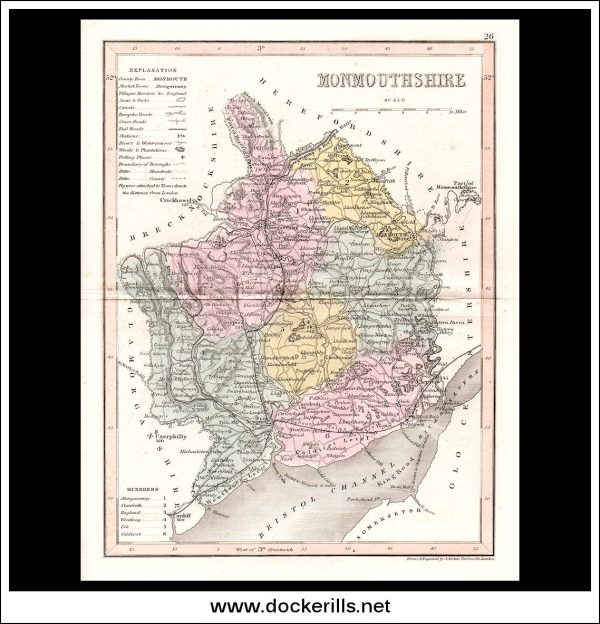 Map Of Monmouthshire, Wales. Antique Print, Steel Engraving c. 1846. Online