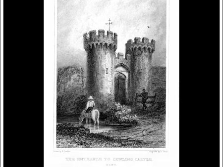 The Entrance To Cowling Castle, Kent, England. Antique Print, Steel Engraving 1829. Online now