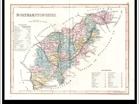 Map Of Northamptonshire, England. Antique Print, Steel Engraving c. 1846. on Sale