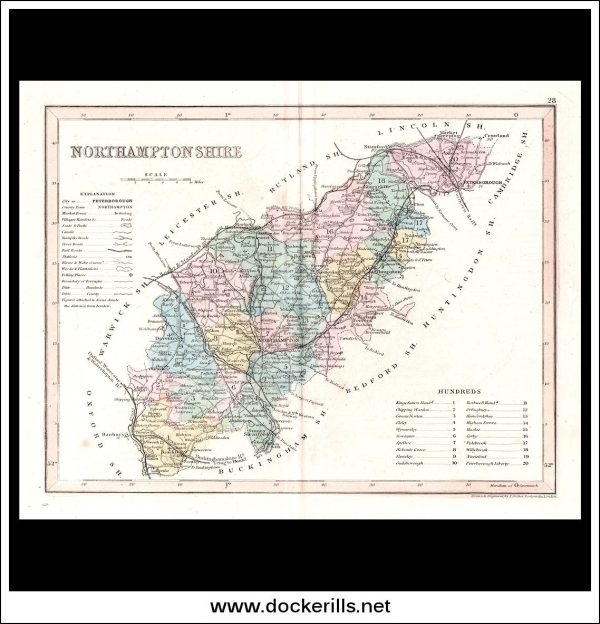 Map Of Northamptonshire, England. Antique Print, Steel Engraving c. 1846. on Sale