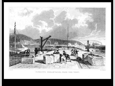 Plymouth Breakwater, From The West, Devonshire, England. Antique Print, Steel Engraving c. 1830. Online now