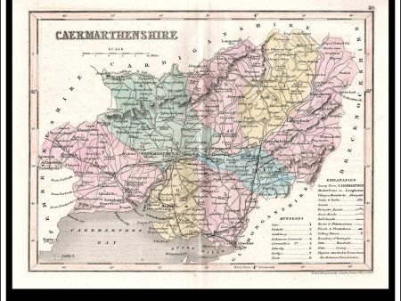 Map Of Caermarthenshire, Wales. Antique Print, Steel Engraving c. 1846. Online