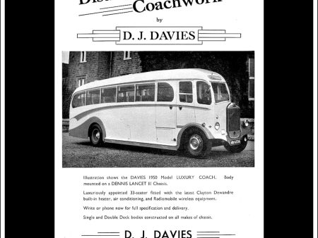 D.J. Davies Luxury Coach. Original Vintage Advert From June, 1950. Online Sale