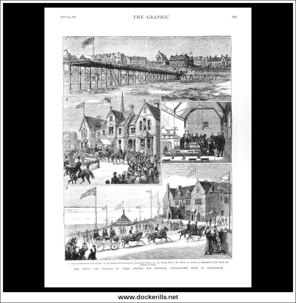 The Prince And Princess Of Wales Opening The Memorial Convalescent Home At Hunstanton. Antique Print, Wood Engraving, The Graphic Full Page, April 19th, 1879. Fashion