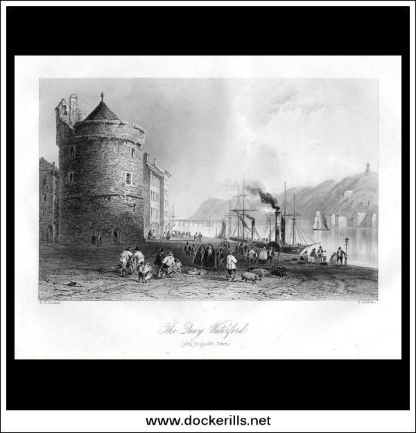 The Quay Waterford (With Reginald s Tower), Co. Waterford, Ireland. Antique Print, Steel Engraving c. 1840. Cheap