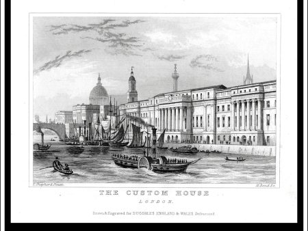 The Custom House, London, Middlesex, England. Antique Print, Steel Engraving c. 1846. Hot on Sale