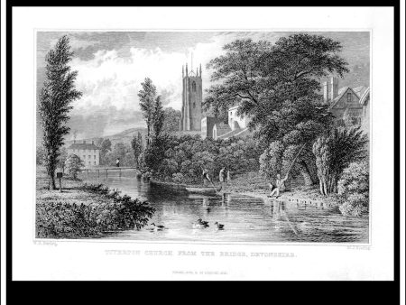 Tiverton Church, From The Bridge, Devonshire, England. Antique Print, Steel Engraving 1832. on Sale