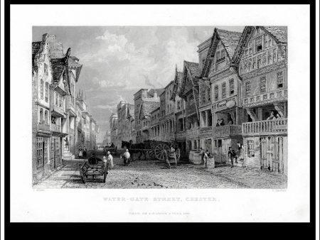 Water-Gate Street, Chester, Cheshire, England. Antique Print, Steel Engraving c. 1836. Discount