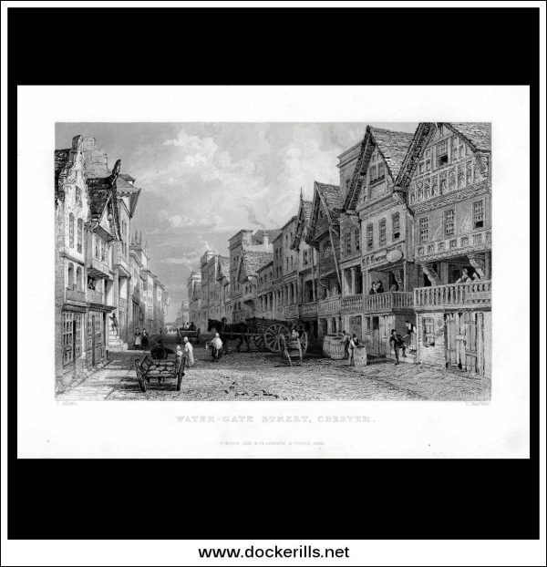 Water-Gate Street, Chester, Cheshire, England. Antique Print, Steel Engraving c. 1836. Discount