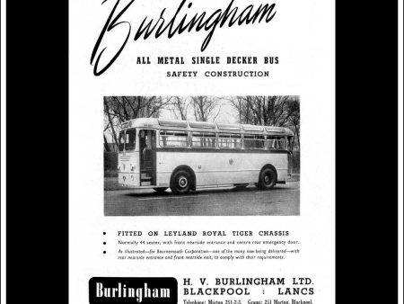 Burlingham Single Decker Bus. Original Vintage Advert From February, 1954. Online Hot Sale