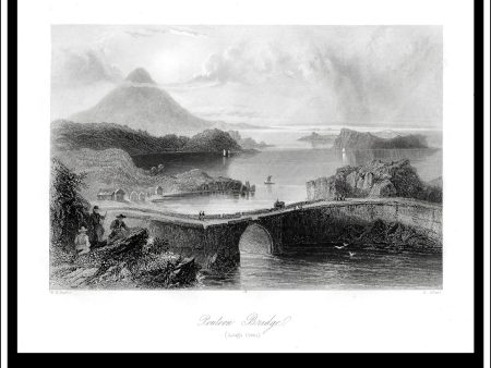 Pontoon Bridge (Lough Lake Conn), Co. Mayo, Ireland. Antique Print, Steel Engraving c. 1840. Fashion