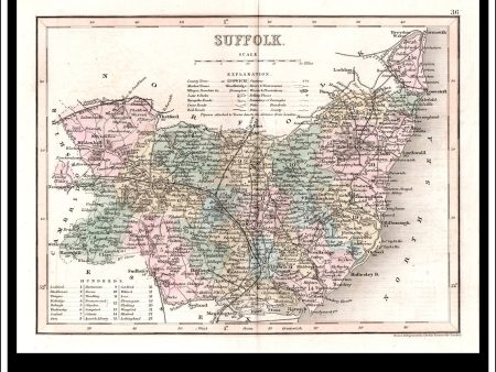 Map Of Suffolk, England. Antique Print, Steel Engraving c. 1846. Online Hot Sale