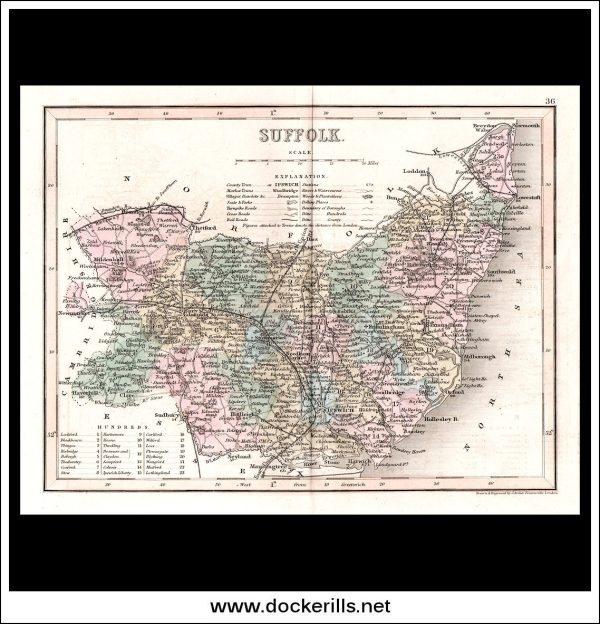 Map Of Suffolk, England. Antique Print, Steel Engraving c. 1846. Online Hot Sale