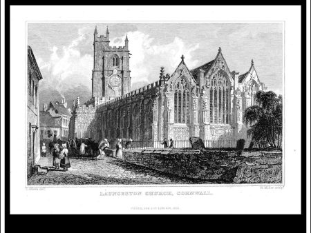 Launceston Church, Cornwall, England. Antique Print, Steel Engraving c. 1830. Hot on Sale