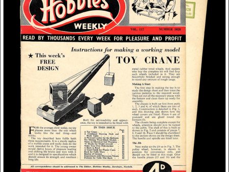 Hobbies Weekly Magazine, Vol. 117, No. 3028, November 11th, 1953. Plan For A Working Toy Mobile Crane. Cheap