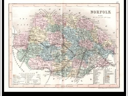 Map Of Norfolk, England. Antique Print, Steel Engraving c. 1846. For Sale