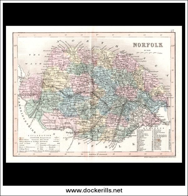 Map Of Norfolk, England. Antique Print, Steel Engraving c. 1846. For Sale