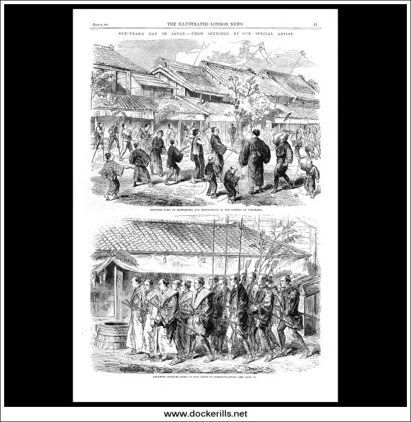 New Years Day In Japan, From Sketches By Our Special Artist. Antique Print, Wood Engraving, The Illustrated London News Full Page, July 15th, 1865. Online now