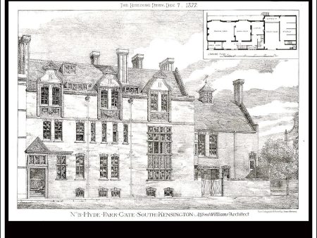 No. 21 Hyde Park Gate South, Kensington - The Building News. Antique Print, Lithograph 1877. Online Hot Sale