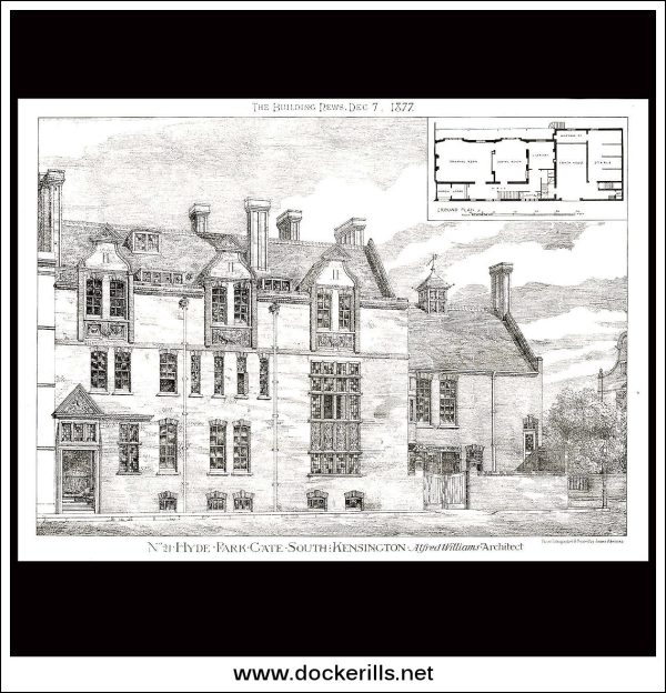 No. 21 Hyde Park Gate South, Kensington - The Building News. Antique Print, Lithograph 1877. Online Hot Sale